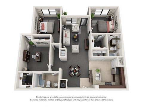 Floor plan for 2 beds, 2 baths, 1137 sqft